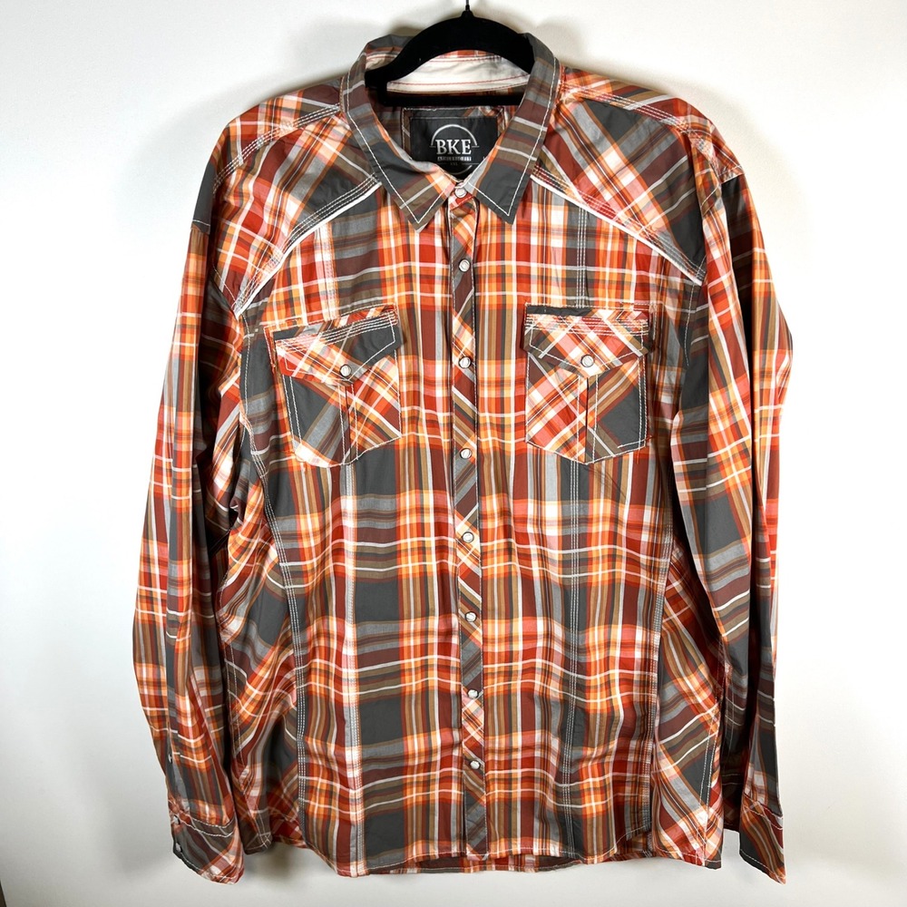 BKE Athletic Fit Plaid Snap Button Long Sleeve‎ Shirt Men's XXL Orange Gray